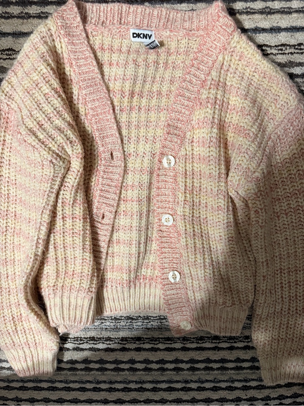 DKNY Pink and Cream Marled Knit Button Cardigan